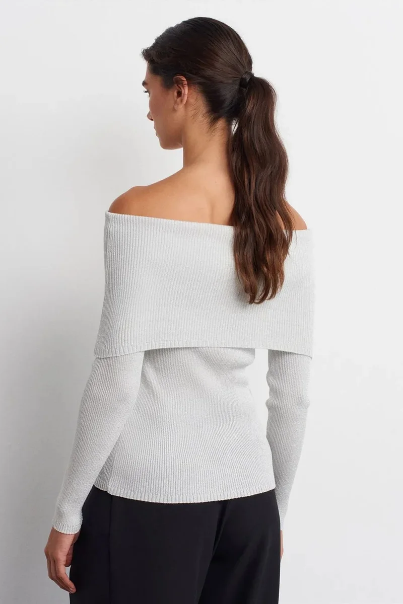 Dilvin Dusty White DILVIN Fitted Off-Shoulder Ribbed Knit Sweater for Women | Best Price UAE