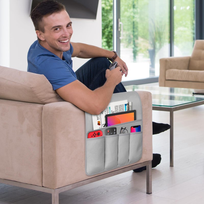 WETRBWEH Remote Control Holder for Armchair, Couch Caddy Organizer TV Remote Holder for Bed Storage 5 Pockets, Remote Caddy Bedside Organizer Bedside Table Organizer (LightGray, 35"x12.4") - Image 2