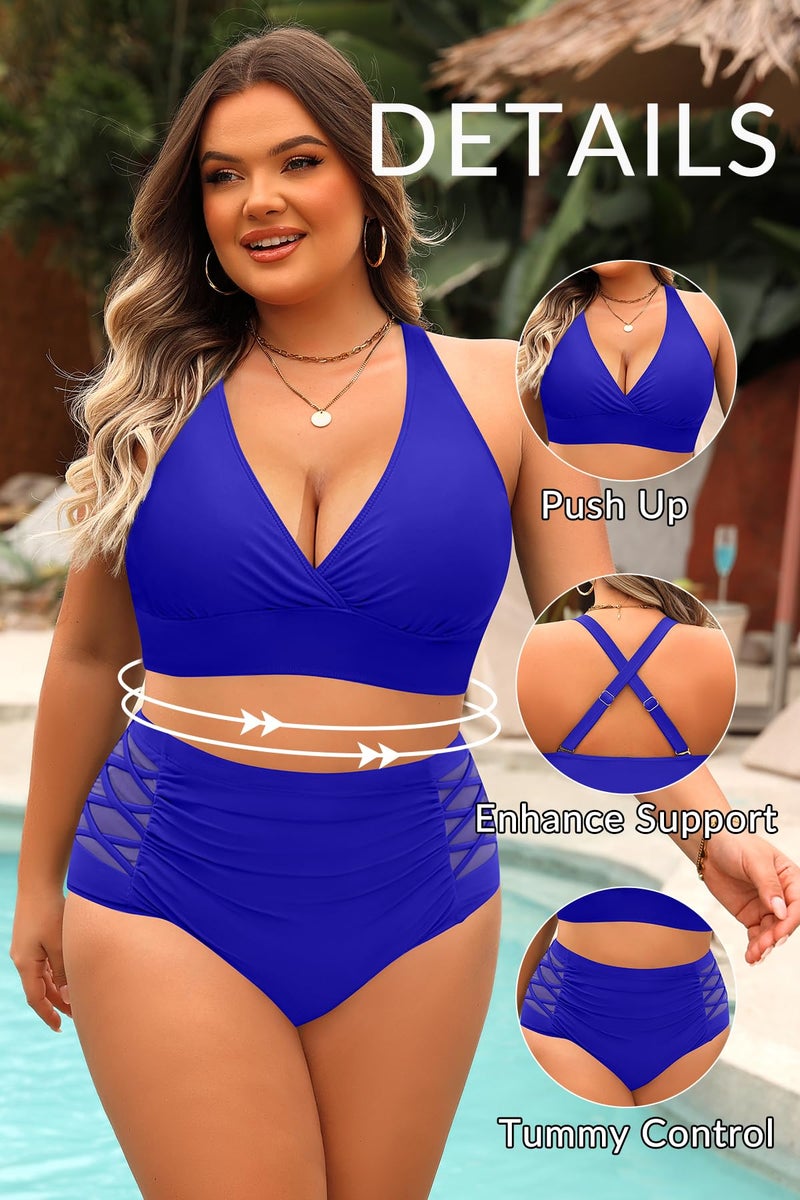 Yonique Womens Plus Size Bikini High Waisted Swimsuits Two Piece Bathing Suits Tummy Control Swimwear Royal Blue 12Plus - Image 5