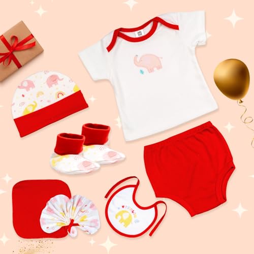 Mee Mee New Born Baby Gift Set | Soft Cotton Clothing Essentials for Infants/Baby Girls, Boys | Baby Shower Clothing Hamper (7 Pieces, Red)| Ideal Gift for New Born Baby - Image 3