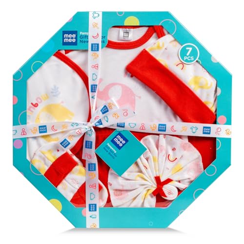 Mee Mee New Born Baby Gift Set | Soft Cotton Clothing Essentials for Infants/Baby Girls, Boys | Baby Shower Clothing Hamper (7 Pieces, Red)| Ideal Gift for New Born Baby - Image 1