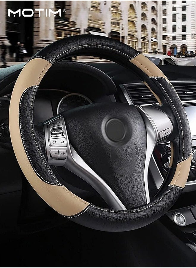 Motim Leather Car Steering Wheel Cover 38cm/15inch Universal, Non-Slip Breathable Steering Wheel Cover, Wear-Resistant, Car Interior Accessories Fit for Most Cars  - Image 1