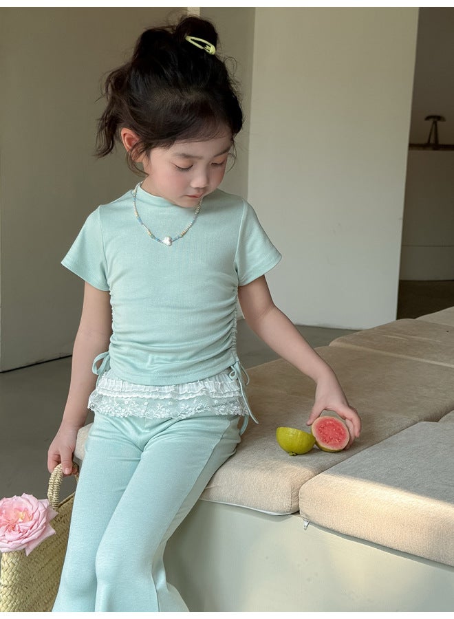 Girl's Korean-style Drawstring Short Sleeve Set, New Spring/autumn Solid Color Flare Pants Stylish Two-piece Set, Children's Fashionable Outfit