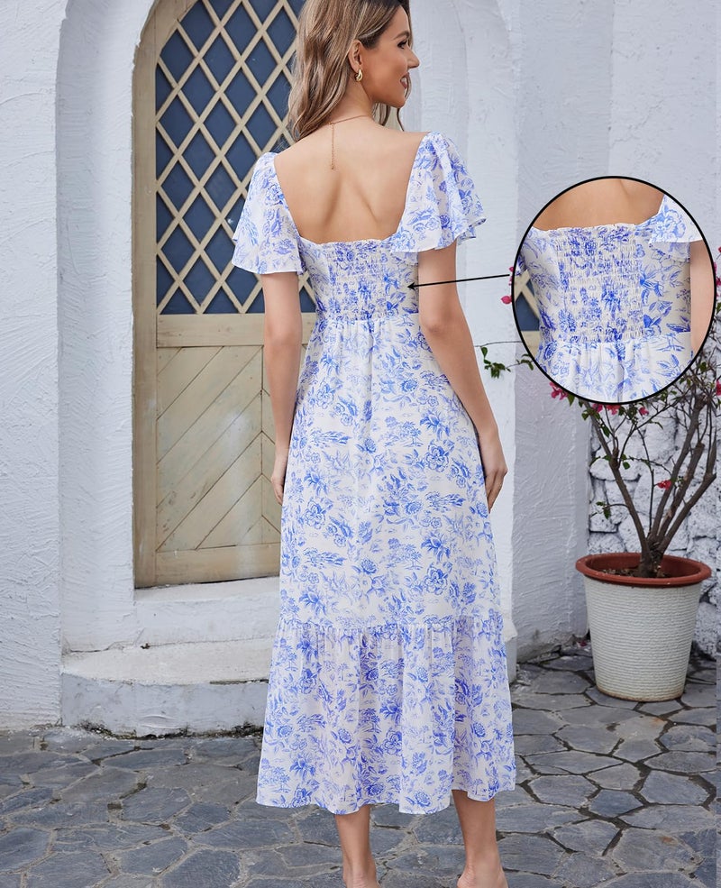GLNEGE Women's 2026 Summer Midi Floral Boho Dresses Casual Flowy Beach Short Sleeve Dress Ruffle Hem Smocked Sundresses - Image 4