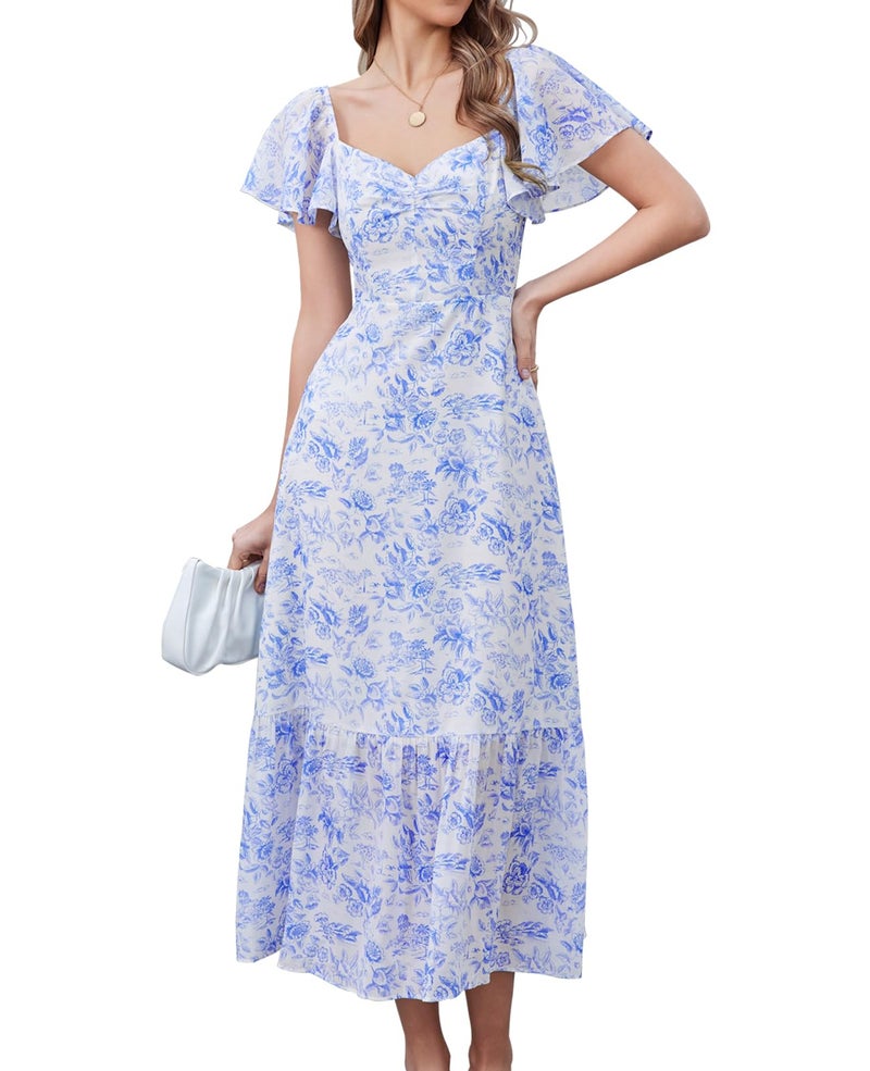 GLNEGE Women's 2026 Summer Midi Floral Boho Dresses Casual Flowy Beach Short Sleeve Dress Ruffle Hem Smocked Sundresses - Image 1