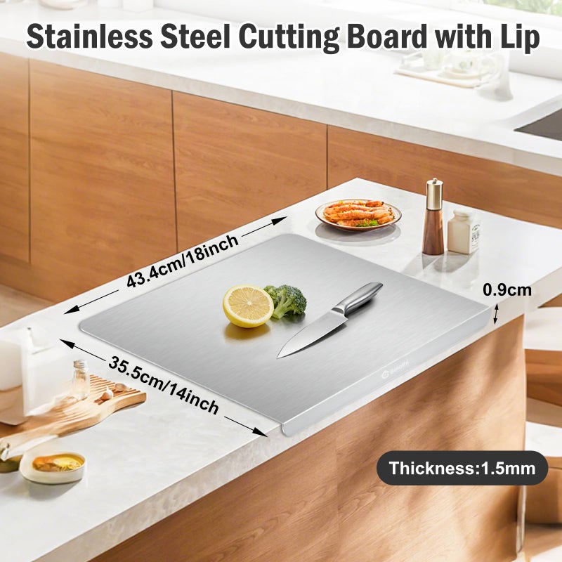 Belothi Stainless Steel Cutting Board with Lip, Large Metal Chopping Board with Counter Edge, Dishwasher Safe Non-Slip Pastry Board for Meat Vegetables & Baking(18x14) - Image 2
