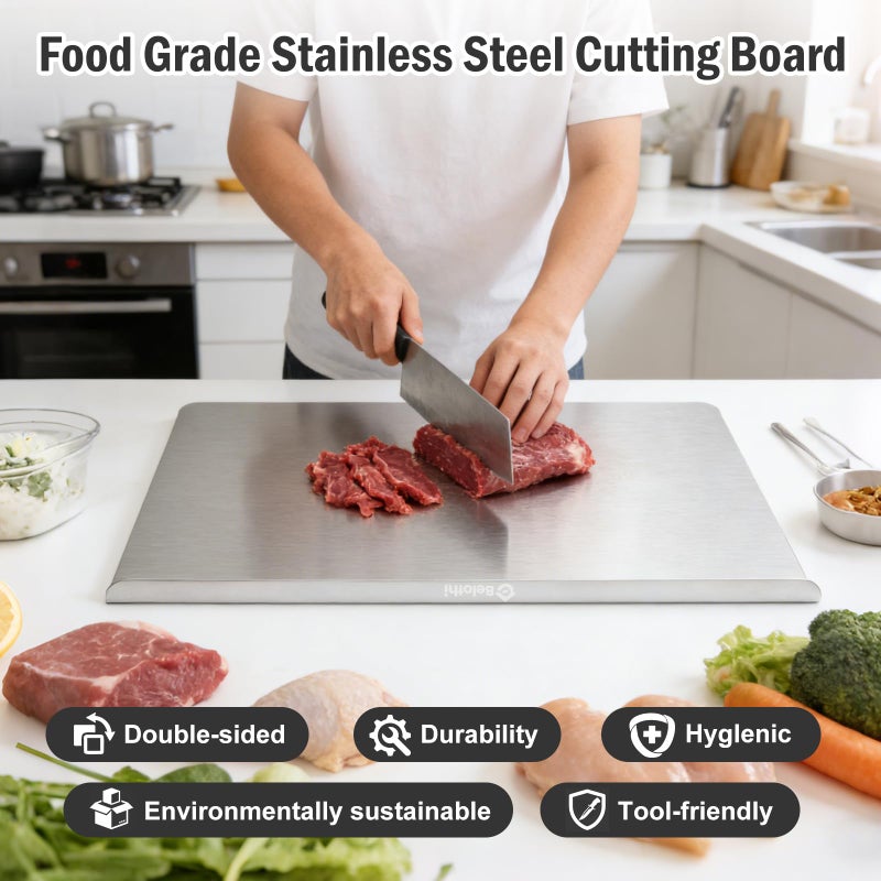 Belothi Stainless Steel Cutting Board with Lip, Large Metal Chopping Board with Counter Edge, Dishwasher Safe Non-Slip Pastry Board for Meat Vegetables & Baking(18x14) - Image 5