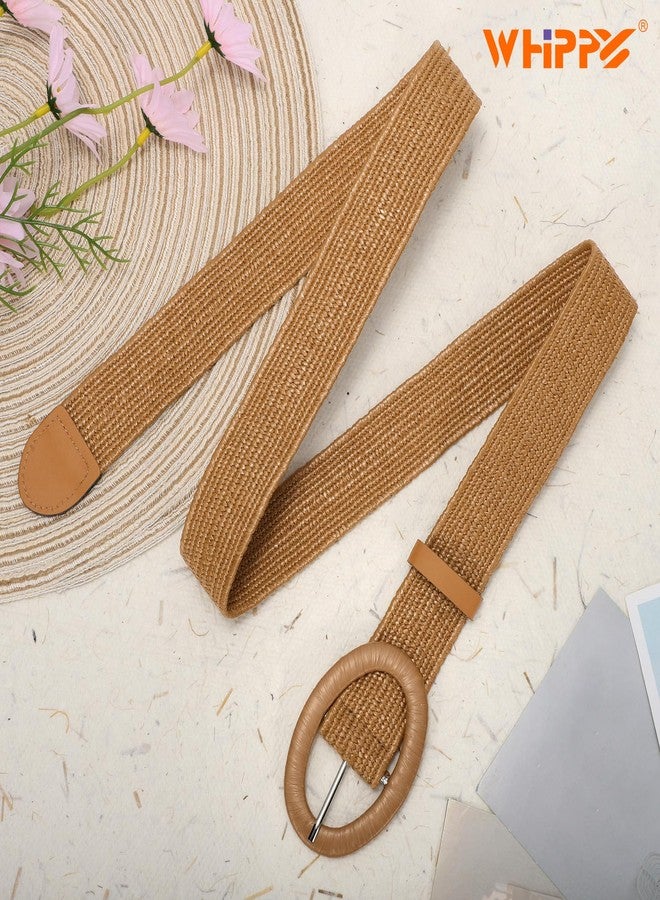 WHIPPY Women Straw Woven Elastic Stretch Waist Belt, Boho Braided Skinny Dress Belts for Women, Brown, M: Fit Waist Size Below 35 Inches - Image 4