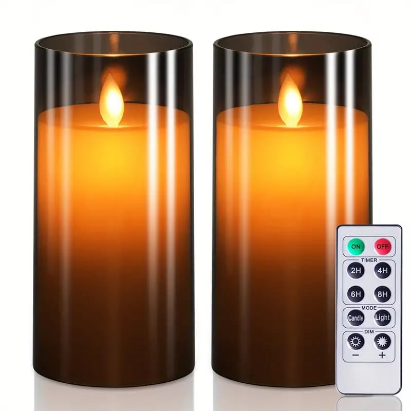 LTETTES 2pcs Grey Acrylic Flickering Flameless Candles, Unbreakable Battery Powered Candles, LED Pillar Radiance Candles with Remote Control and Time for Home Decoration - Image 1