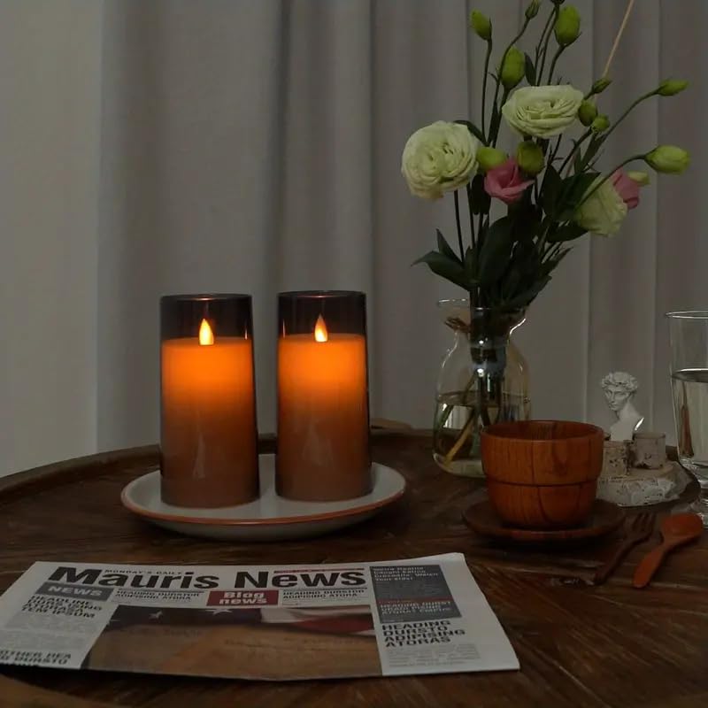 LTETTES 2pcs Grey Acrylic Flickering Flameless Candles, Unbreakable Battery Powered Candles, LED Pillar Radiance Candles with Remote Control and Time for Home Decoration - Image 2