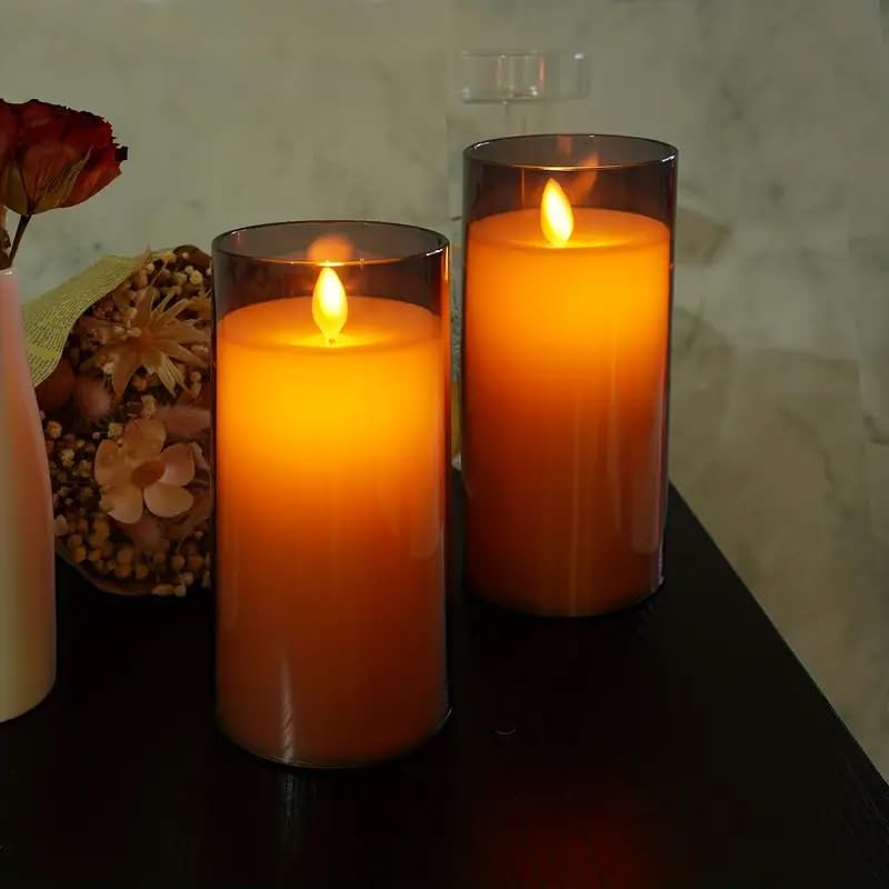 LTETTES 2pcs Grey Acrylic Flickering Flameless Candles, Unbreakable Battery Powered Candles, LED Pillar Radiance Candles with Remote Control and Time for Home Decoration - Image 3