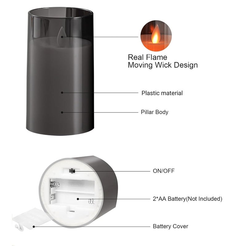 LTETTES 2pcs Grey Acrylic Flickering Flameless Candles, Unbreakable Battery Powered Candles, LED Pillar Radiance Candles with Remote Control and Time for Home Decoration - Image 4