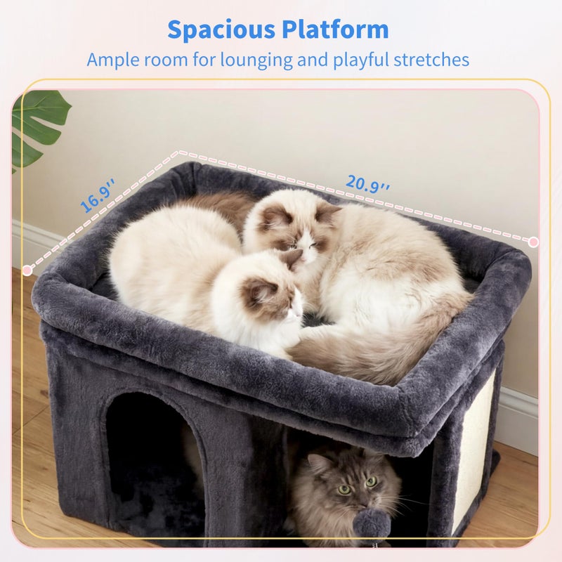 Heybly Cat Tree, 14 inch Cat Tower with Large Perch Bed and Cat Condo for Indoor Cats Large Adult, Cat House with Scratching Posts and Interactive Spring Balls for Your Kittens, Smoky Gray HCT203SG - Image 3