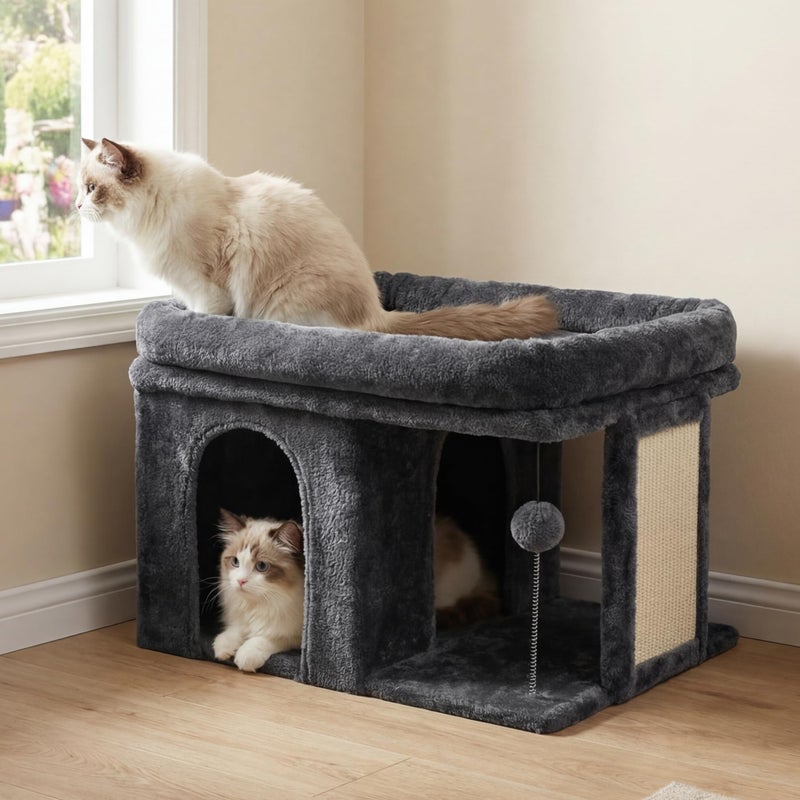 Heybly Cat Tree, 14 inch Cat Tower with Large Perch Bed and Cat Condo for Indoor Cats Large Adult, Cat House with Scratching Posts and Interactive Spring Balls for Your Kittens, Smoky Gray HCT203SG - Image 1