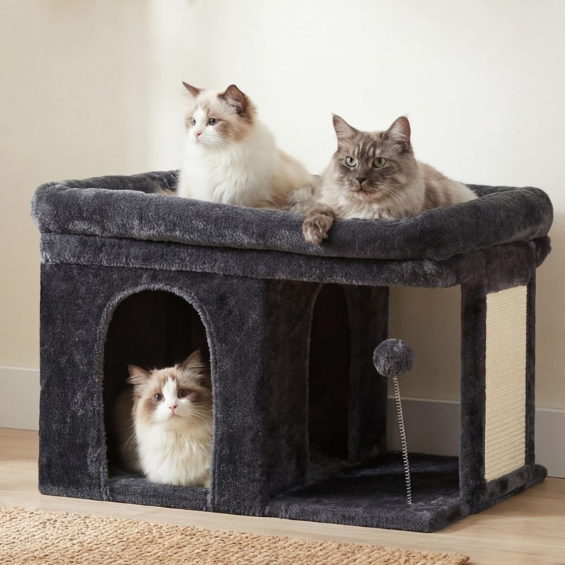 Heybly Cat Tree, 14 inch Cat Tower with Large Perch Bed and Cat Condo for Indoor Cats Large Adult, Cat House with Scratching Posts and Interactive Spring Balls for Your Kittens, Smoky Gray HCT203SG - Image 2