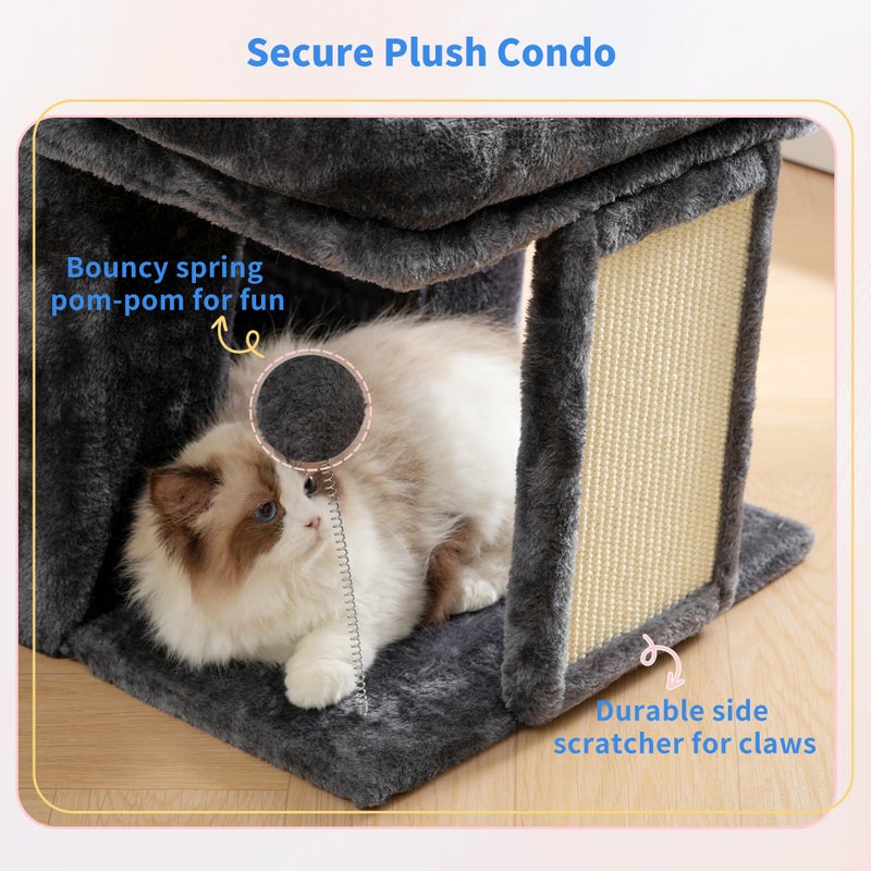 Heybly Cat Tree, 14 inch Cat Tower with Large Perch Bed and Cat Condo for Indoor Cats Large Adult, Cat House with Scratching Posts and Interactive Spring Balls for Your Kittens, Smoky Gray HCT203SG - Image 5