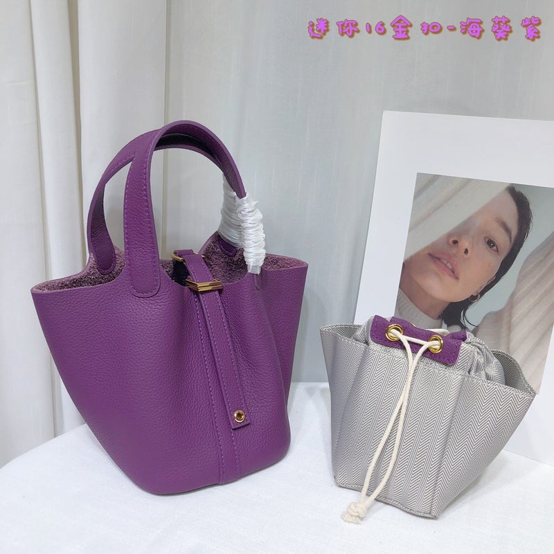 Top Layer Cowhide Vegetable Basket Bag Leather Bucket Bag Commuter Fashion Lock Handbag For Women - Image 1