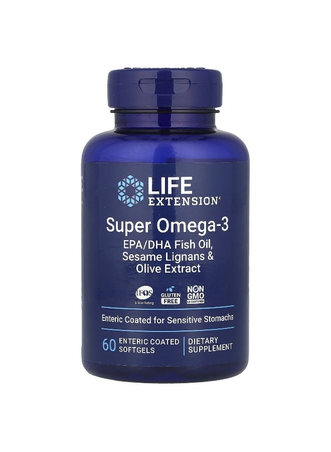 LifeExtension لايف إكستينشن، سوبر أوميغا-3، زيت السمك EPA/DHA، لجنات السمسم ومستخلص الزيتون، 60 كبسولة ناعمة مغلفة معوية (قد يختلف التعبئة)  - Image 1