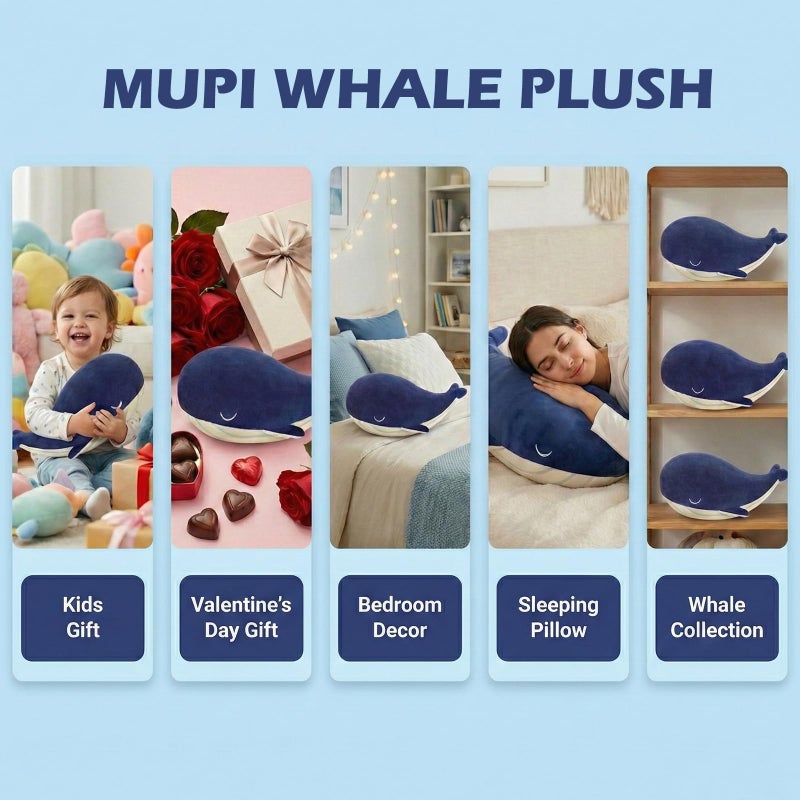 MUPI Whale Stuffed Animals Plush Pillow 4 Size Cute Soft Cotton Plushies Pillows Kawaii Blue Whale Toy Gifts for Kids Boys Girls Adults (Blue, 10 Inch) - Image 4