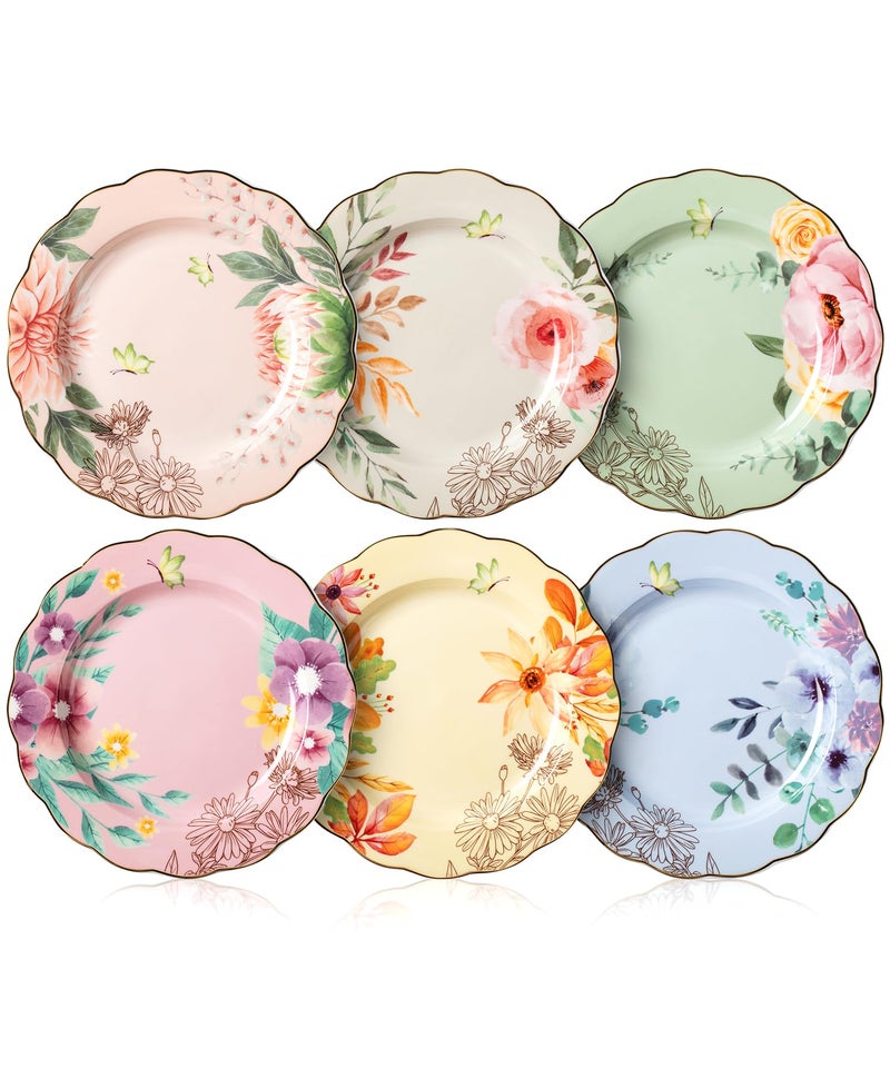 Brew To A Tea BTaT- Porcelain Floral Plates, 8 inch, Set of 6, Royal Dessert Plates, Appetizer Plates, Floral Plates, Salad Plates, Small Plates, Small Plates Set, Small Dishes, Dinnerware - Image 1