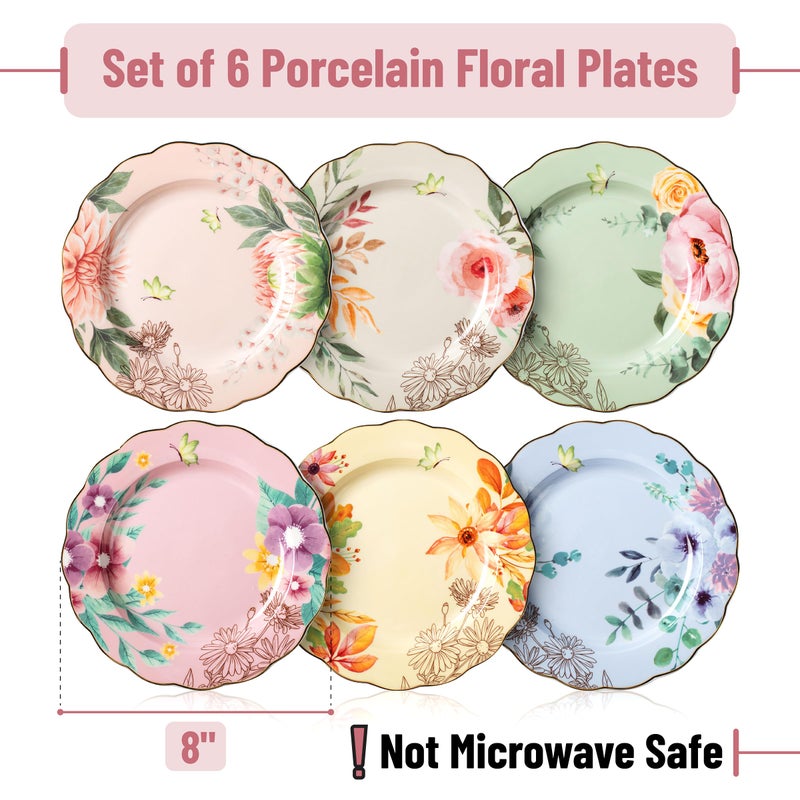 Brew To A Tea BTaT- Porcelain Floral Plates, 8 inch, Set of 6, Royal Dessert Plates, Appetizer Plates, Floral Plates, Salad Plates, Small Plates, Small Plates Set, Small Dishes, Dinnerware - Image 2