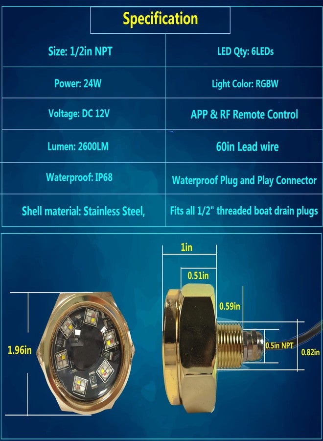 NBWDY 2Pcs RGBW 1/2" NPT LED Boat Drain Plug Light 12V Underwater Boat Trailer Light,No Holes to Drill,RF APP Control Marine Boat LED Light for Fishing Swimming Diving - Image 4