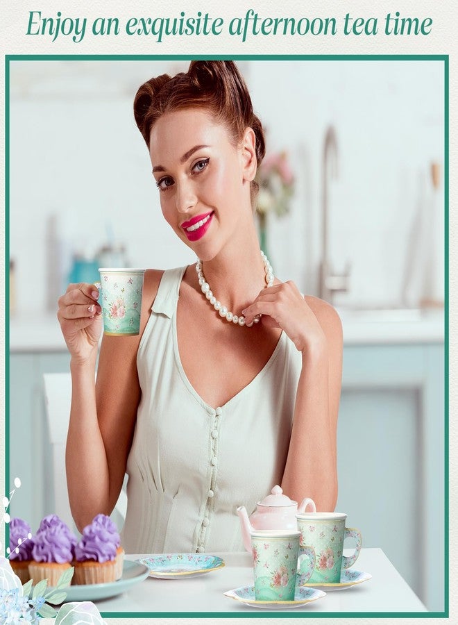 Rtteri زينة حفلة الشاي Rtteri 100 قطعة أكواب شاي ورقية 6.5 أونصة وأطباق مع 50 كوب شاي قابل للتصرف 50 طبق حفلة شاي زينة حفلة شاي زهرية للنساء عيد ميلاد أميرة (أزرق ماكرون) - Image 5