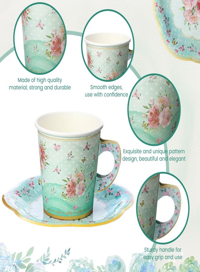 Rtteri زينة حفلة الشاي Rtteri 100 قطعة أكواب شاي ورقية 6.5 أونصة وأطباق مع 50 كوب شاي قابل للتصرف 50 طبق حفلة شاي زينة حفلة شاي زهرية للنساء عيد ميلاد أميرة (أزرق ماكرون) - Image 3