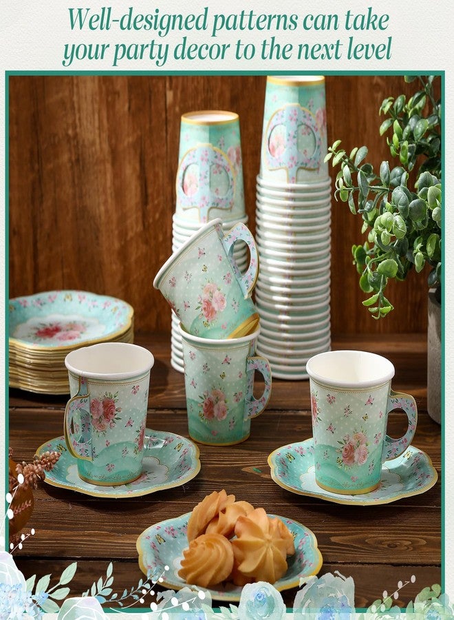 Rtteri زينة حفلة الشاي Rtteri 100 قطعة أكواب شاي ورقية 6.5 أونصة وأطباق مع 50 كوب شاي قابل للتصرف 50 طبق حفلة شاي زينة حفلة شاي زهرية للنساء عيد ميلاد أميرة (أزرق ماكرون) - Image 4