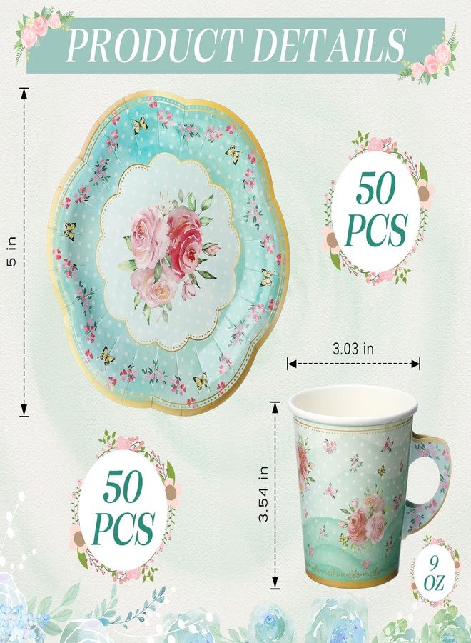 Rtteri زينة حفلة الشاي Rtteri 100 قطعة أكواب شاي ورقية 6.5 أونصة وأطباق مع 50 كوب شاي قابل للتصرف 50 طبق حفلة شاي زينة حفلة شاي زهرية للنساء عيد ميلاد أميرة (أزرق ماكرون) - Image 2