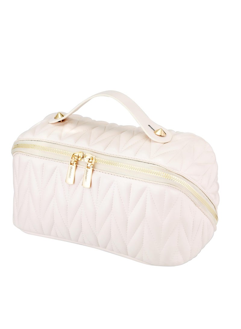 Generic Large Capacity Waterproof Makeup Bag for Women Stylish Portable Cosmetic Organizer Tote with Checkered Design White  - Image 1