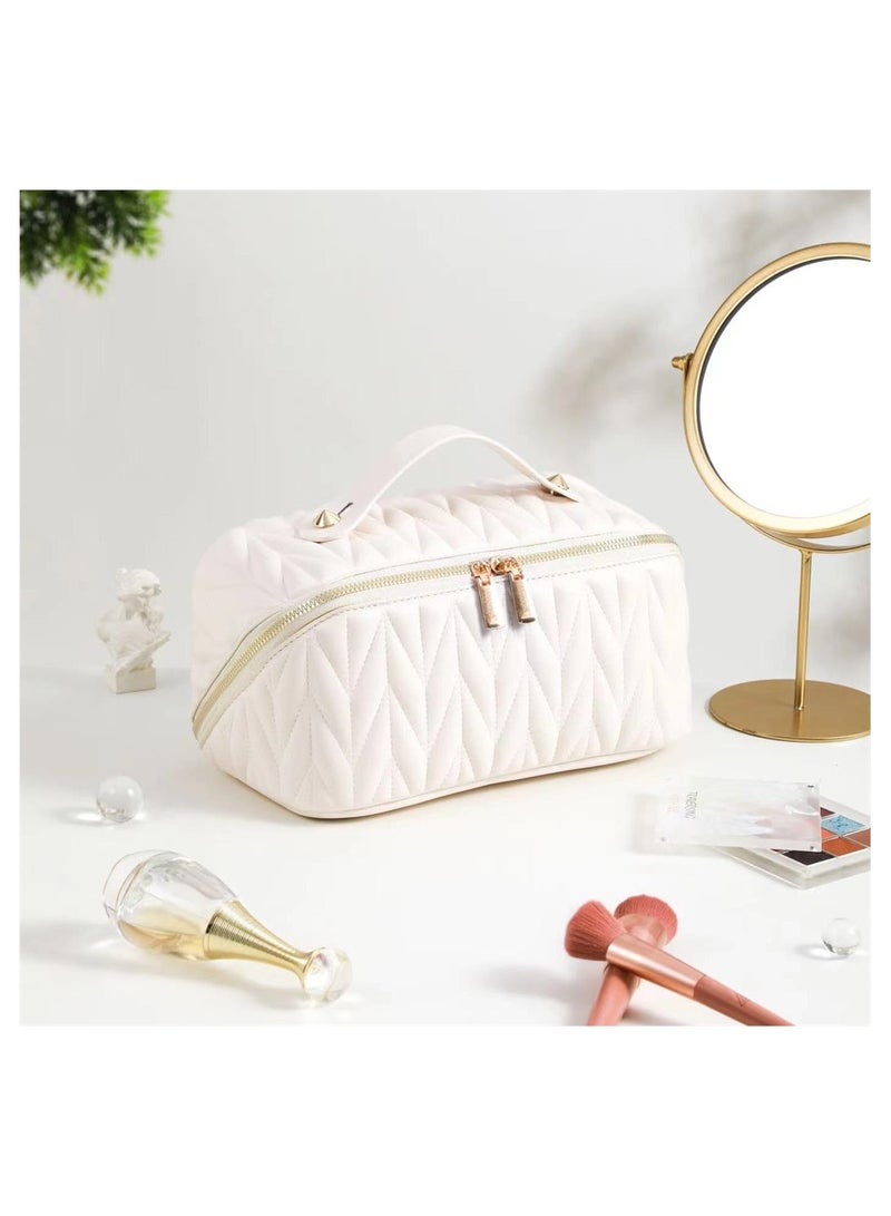 Generic Large Capacity Waterproof Makeup Bag for Women Stylish Portable Cosmetic Organizer Tote with Checkered Design White  - Image 2