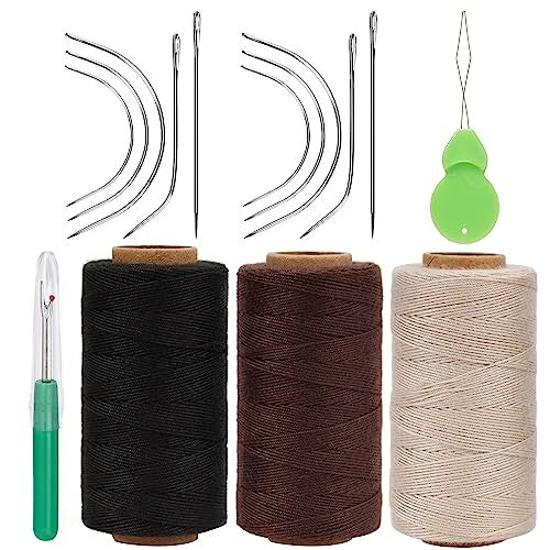Lusecarl Needle and Thread for Hair Extensions 3 Rolls Hair Weave Sewing Threads with 10 Pcs C J I Shape Curved Upholstery Needles for Hand Sewing, Hair Extensions, Making Wigs DIY (10+3, 3Color) - Image 1