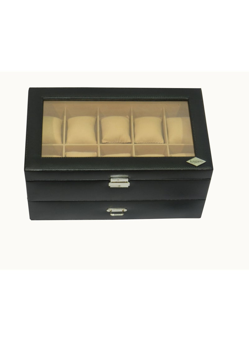 LAVERI LEATHER - Laveri Watch Box  for Men Women (20 Slots), Premium PU Leather Watch Display Case Box Organizer with Crystal Glass Top, Removable Pillow - Image 1