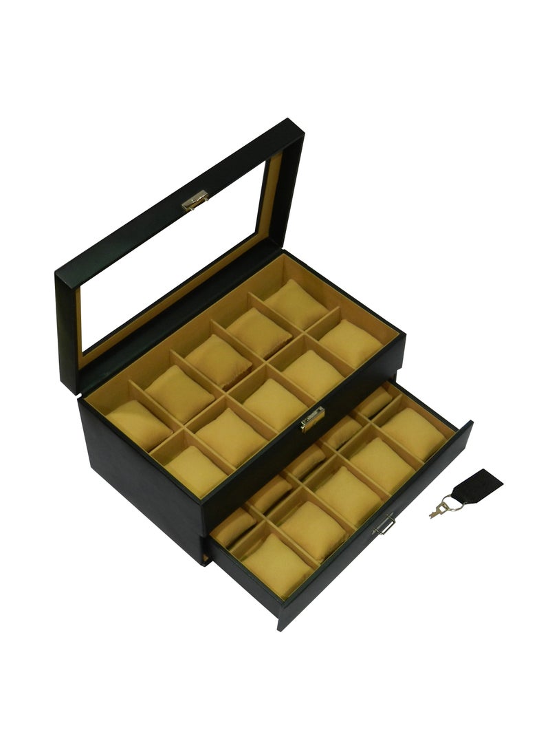 LAVERI LEATHER - Laveri Watch Box  for Men Women (20 Slots), Premium PU Leather Watch Display Case Box Organizer with Crystal Glass Top, Removable Pillow - Image 1