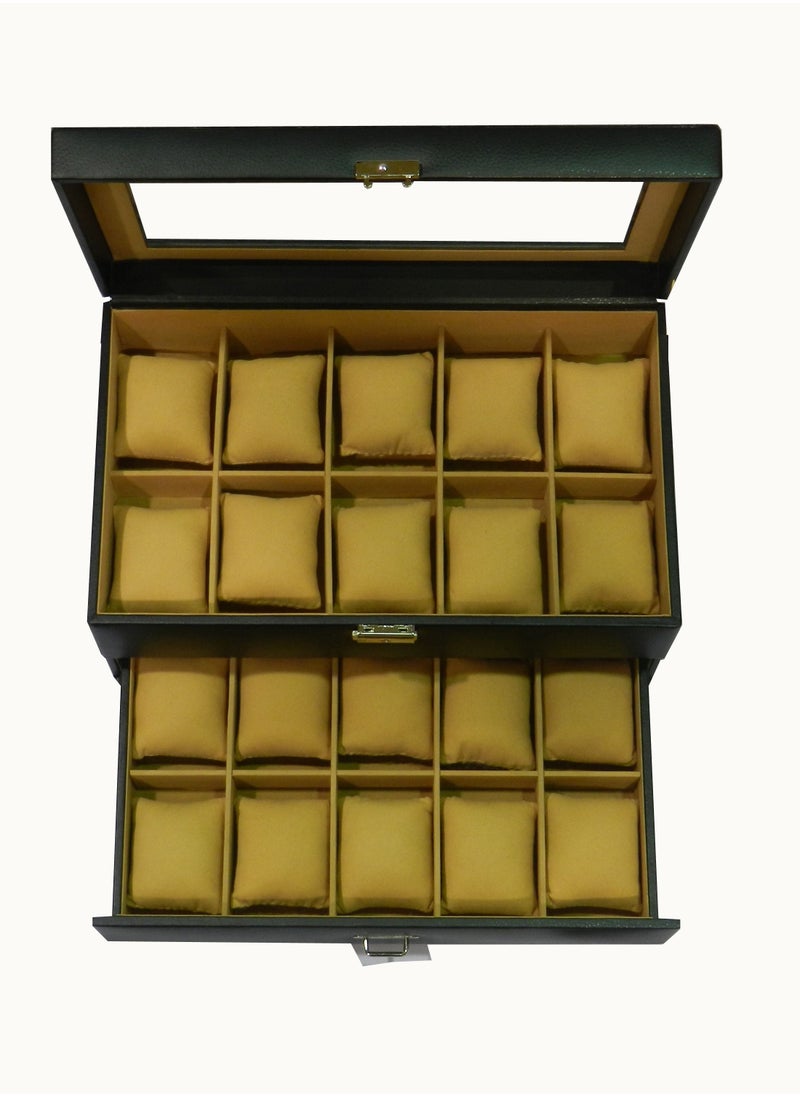 LAVERI LEATHER - Laveri Watch Box  for Men Women (20 Slots), Premium PU Leather Watch Display Case Box Organizer with Crystal Glass Top, Removable Pillow - Image 1