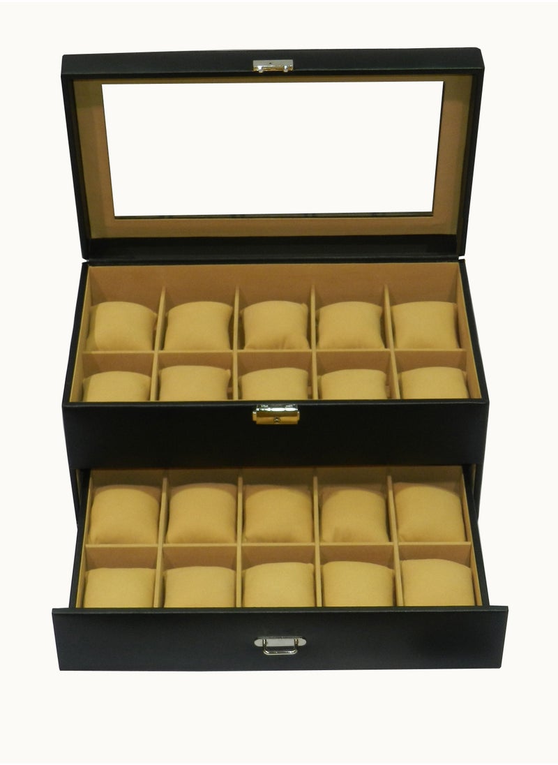 LAVERI LEATHER - Laveri Watch Box  for Men Women (20 Slots), Premium PU Leather Watch Display Case Box Organizer with Crystal Glass Top, Removable Pillow - Image 1