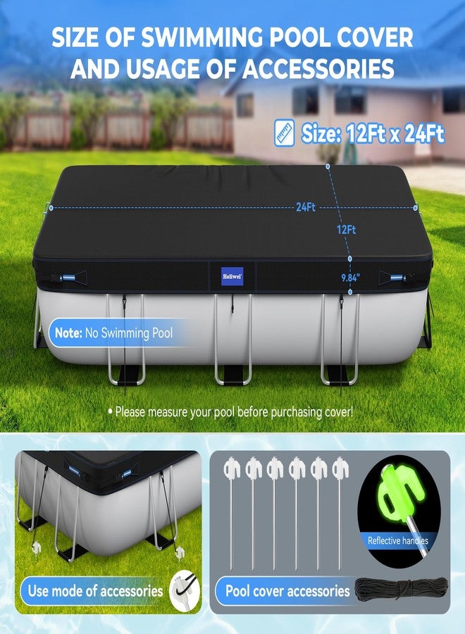 Holiwei 12x24 Ft Rectangular Pool Cover with Reflective Strips for Above Ground Pool, 420D Swimming Pool Cover for Rectangular or Oval Frame Pools, Solar Cover with Drawstring and Ground Nails - Image 2