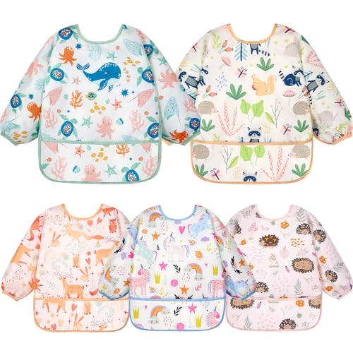 Lictin Long Sleeve Bibs 5 Pack - Baby Bibs for Girl, Waterproof Toddler Bibs, 0-24 Months Neutral Baby Smock for Eating, Reusable Infant Baby Bibs for Feeding Teething or Weaning - Image 1