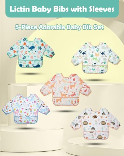 Lictin Long Sleeve Bibs 5 Pack - Baby Bibs for Girl, Waterproof Toddler Bibs, 0-24 Months Neutral Baby Smock for Eating, Reusable Infant Baby Bibs for Feeding Teething or Weaning - Image 2