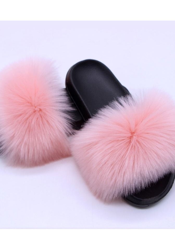 Loquat Stylish Women Faux Fur Open Toe Flat Slippers Sandals Non Slip Homewear Shoes 