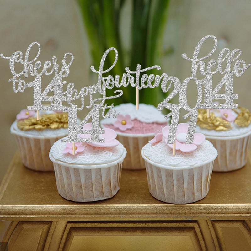 Rsstarxi 30 Pack Glitter 14th Birthday Cupcake Toppers Fourteen Hello 14 Since 2011 Cheers to 14 Years Cupcake Picks Decors for Happy 14th Birthday Anniversary Party Cake Decorations Silver - Image 3