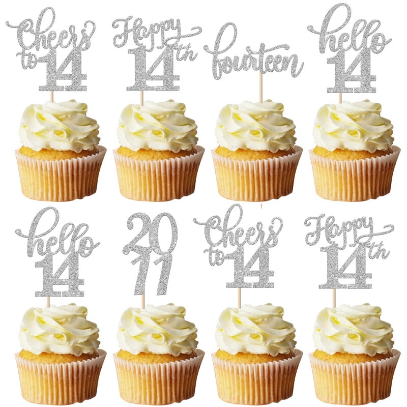 Rsstarxi 30 Pack Glitter 14th Birthday Cupcake Toppers Fourteen Hello 14 Since 2011 Cheers to 14 Years Cupcake Picks Decors for Happy 14th Birthday Anniversary Party Cake Decorations Silver - Image 1