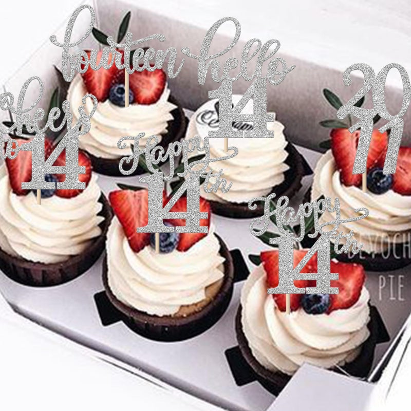 Rsstarxi 30 Pack Glitter 14th Birthday Cupcake Toppers Fourteen Hello 14 Since 2011 Cheers to 14 Years Cupcake Picks Decors for Happy 14th Birthday Anniversary Party Cake Decorations Silver - Image 4
