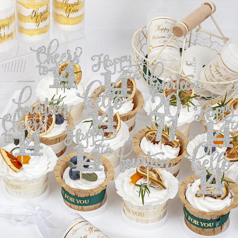 Rsstarxi 30 Pack Glitter 14th Birthday Cupcake Toppers Fourteen Hello 14 Since 2011 Cheers to 14 Years Cupcake Picks Decors for Happy 14th Birthday Anniversary Party Cake Decorations Silver - Image 5