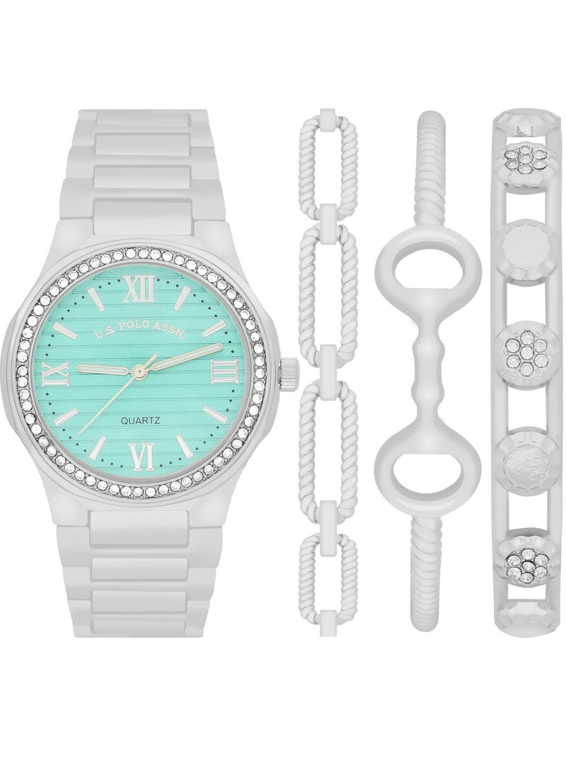 U.S. Polo Assn. Women's Quartz Analog silver plated Tiffany blue dial watch and bracelet set  - Image 1