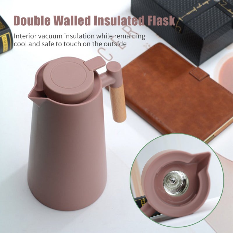 1L Thermal Coffee Carafe Double Walled Vacuum Coffee Pot Thermal Carafe Thermos Pot With Wood Handle Water Kettle Insulated Flask Tea Carafe Keeping Hot Cold - Image 5