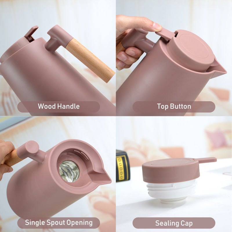 1L Thermal Coffee Carafe Double Walled Vacuum Coffee Pot Thermal Carafe Thermos Pot With Wood Handle Water Kettle Insulated Flask Tea Carafe Keeping Hot Cold - Image 3