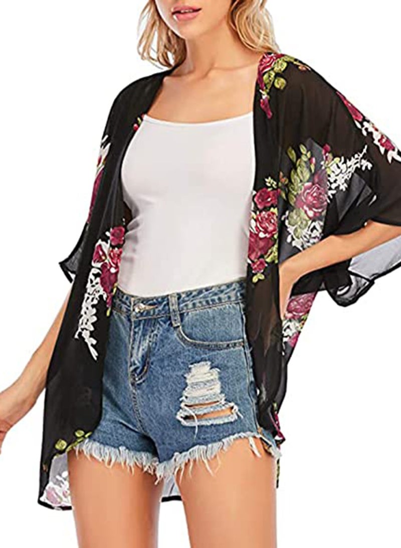 Barakah Floral for Women Swimsuit Cover Ups, Open Front Summer Tops Cardigan Half Sleeve Sheer Shawls and Wraps work Dating Party Wedding Club in Spring and Fall Black - Image 3