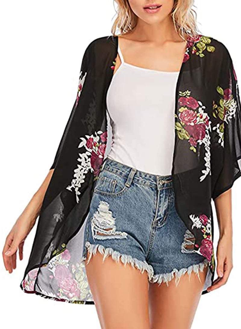 Barakah Floral for Women Swimsuit Cover Ups, Open Front Summer Tops Cardigan Half Sleeve Sheer Shawls and Wraps work Dating Party Wedding Club in Spring and Fall Black - Image 1